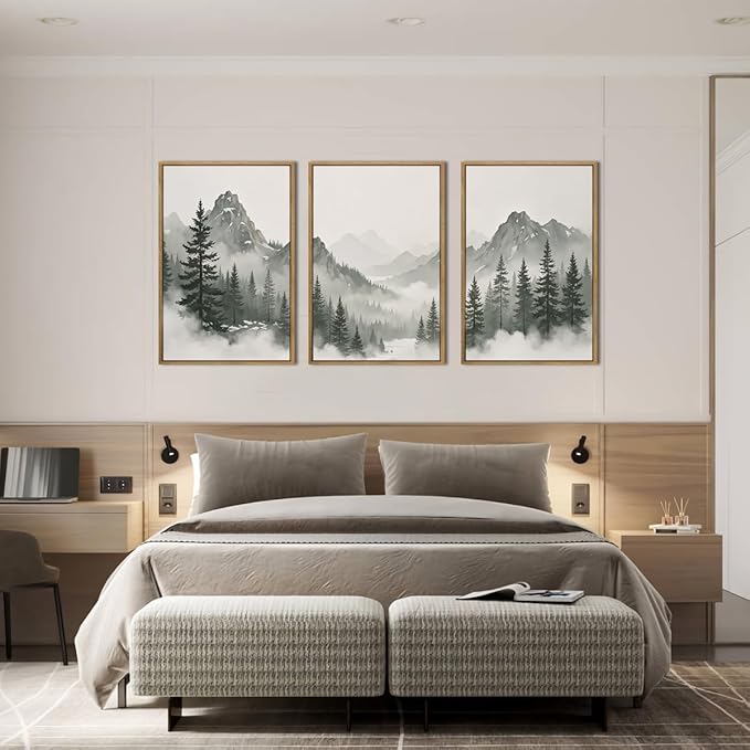 Large Nature Foggy Mountain Pine Trees Framed Canvas Wall Art, Misty Forest Landscape Wall Decor,Watercolor Woodland Scenery Artwork,Modern Art Print for Living Room, Bedroom, Office- 24"x36"x3