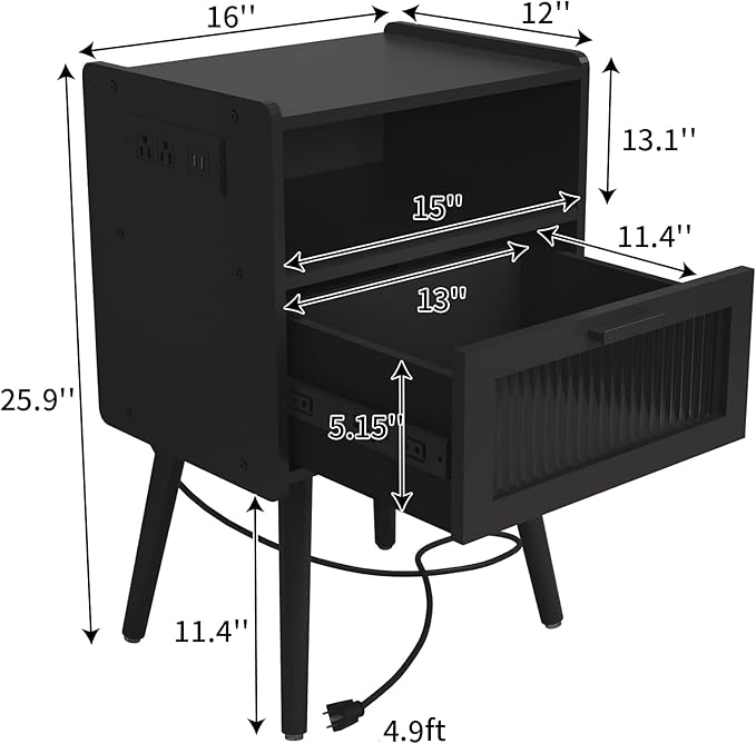 Mid Century Modern Nightstand with Charging Station, Bedside Tables with Glass Drawer, End Table Side Table with 2 Tiers Storage Space, for Bedroom, Living Room, Black