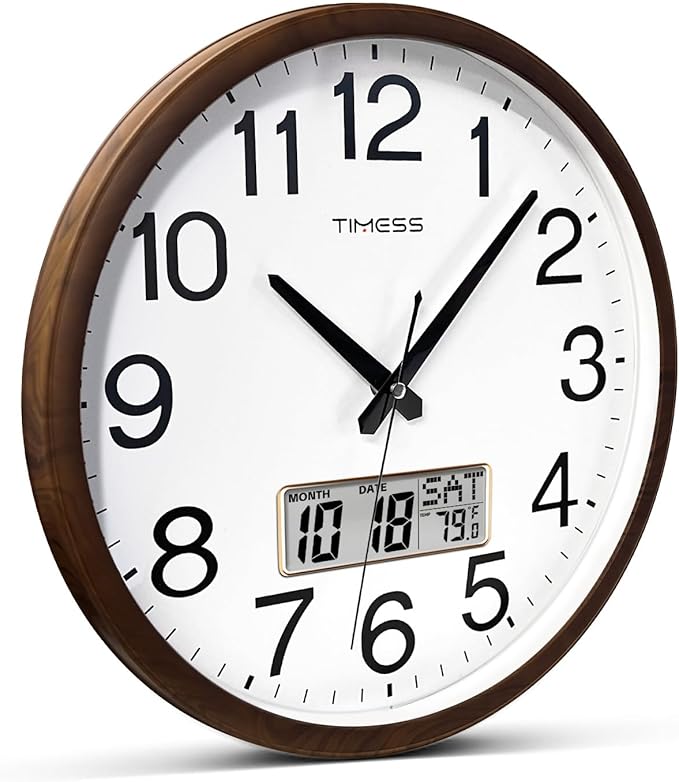 Wall Clock, Classic Wood Style Finish, 16 Inch Non-Ticking Silent Battery Operated Quartz Analog with Perpetual Calendar and F° Temperature Display, Home, Office Décor (Wood Brown)