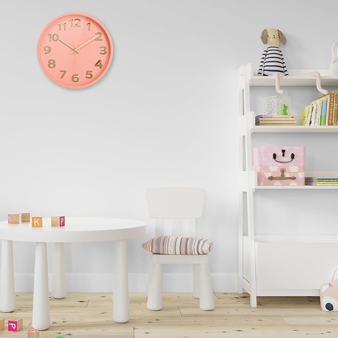 Pink Wall Clock 10 Inch Battery Operated Analog Easy to Read for Kids/Women/Girls Bedroom Home,Large 3D Numbers