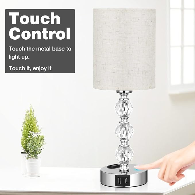White Touch Bedside Lamps for Bedrooms - Crystal Table Lamp with USB C+A Charging Port and AC Outlet Nightstand, 3 Way Dimmable Silver Small End Side Table Lamp for Living/Guest/Dinning Room/Kitchen