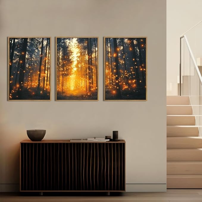 Large Magical Firefly Forest Framed Canvas Wall Art,Enchanted Night Nature Wall Decor,Moody Twinkling Firefly Artwork,Mystical Woodland Art Print for Living Room, Bedroom, Office- 24"x36"x3