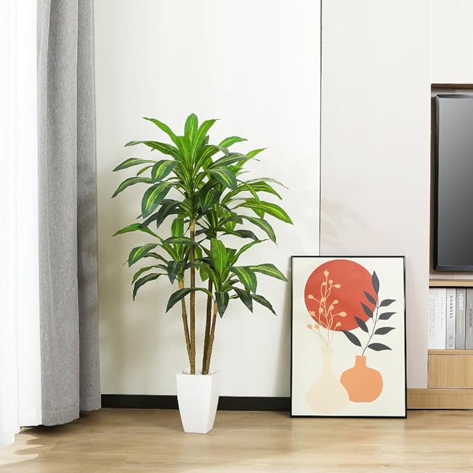Artificial Plants,4FT Dracaena Tree Faux Plants with White Taper Planter,Tall Fake Plant for Indoor,Fake Tree for Home Decor Office Living Room Porch