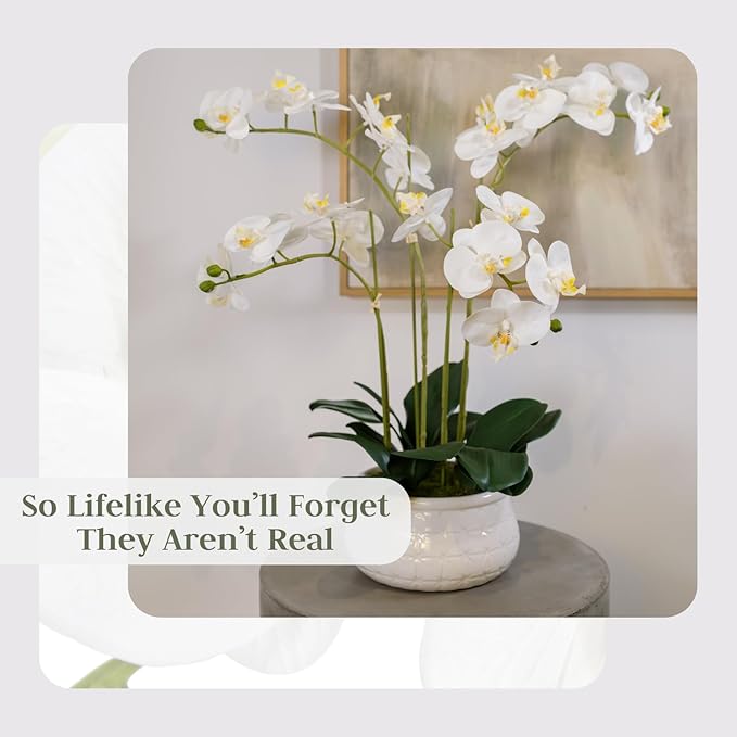 Faux White Orchid Plant, Premium Artificial Indoor Flower Display Stands 23”, Beautiful Sculptural Blooms That Lasts Forever, White Planter Pot Included