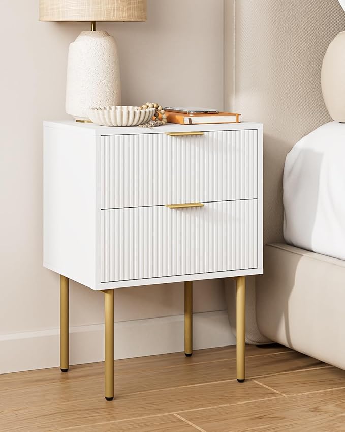 Nightstand,Morden Bedside Table with Gold Frame,Small White Night Stand,End Table,Bedside Furniture,Side Table with Drawer and Shelf for Bedroom,Living Room (2Drawers, White.)