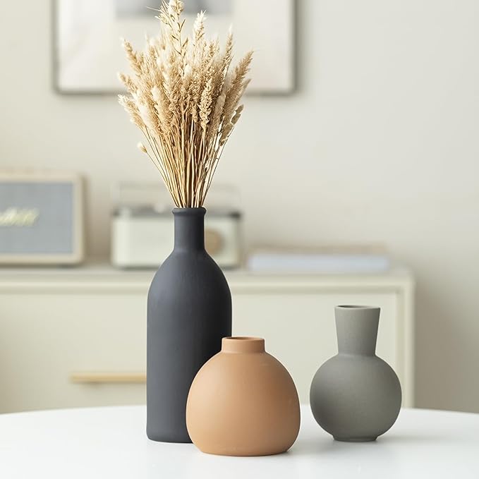 Modern Ceramic Vase Set of 3, Decorative Flower Vases for Home, Multicolor Pottery Vases for Living Room, Kitchen, Bedroom, Shelf, Rustic Farmhouse (Black Mix)