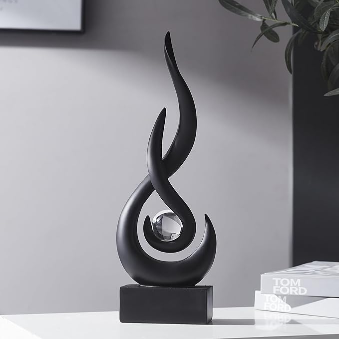 FJS Black Decor Modern Flame Statue Home Decorations for Living Room, 13.7" H Resin Sculptures Home Décor Accents, Abstract Art Sculpture for Dining Room Office Coffee Table Centerpiece