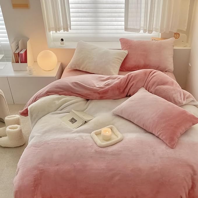 CLOTHKNOW Pink White Fluffy Full Size Comforter Sets 3Pcs Velvet Bedding Comforter Sets Soft Pink Comforter with 2 x Pillowcases Girls Women Comforter