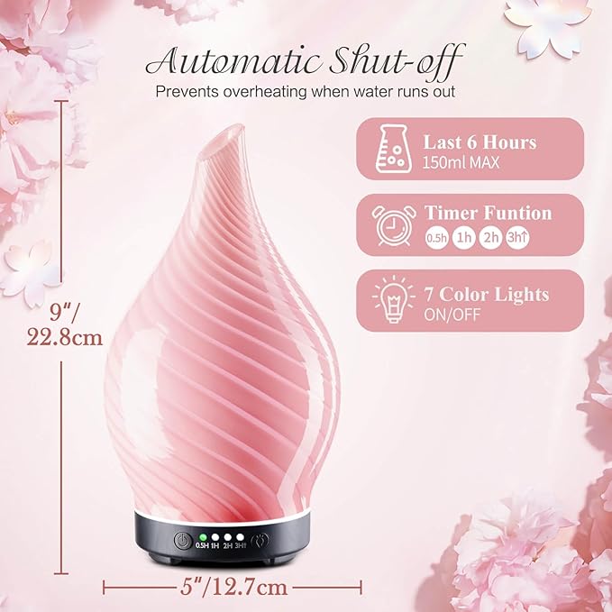 Porseme 150ml Essential Oil Diffuser Glass Color Changing Aroma Air Diffusers Aromatherapy Ultrasonic Cool Mist Humidifier 6 Running Hours Waterless Auto-Off for Sleeping Yoga Office Spa (Pure Pink)