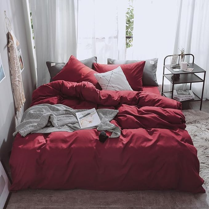 Pureant Burgundy Red Comforter Sets Twin Size Wine Red Bedding Comforters Solid Dark Red Quilts Cotton Women Girls Luxurious Plain Claret Red Comforter Soft Crimson Bedding Noble Bordeaux Red Bed