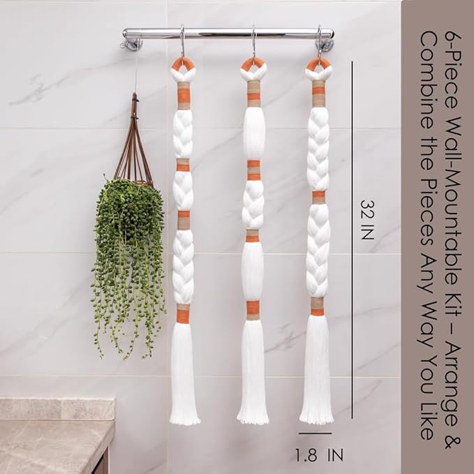 Remmdan Macrame Wall Hanging: Boho Wall Decor, Textile Tassel Wall Hanging, Fiber Yarn Boho Wall Art for Living Room Bedroom, 32" L x 1.8" W x 6 Pcs, White and Orange