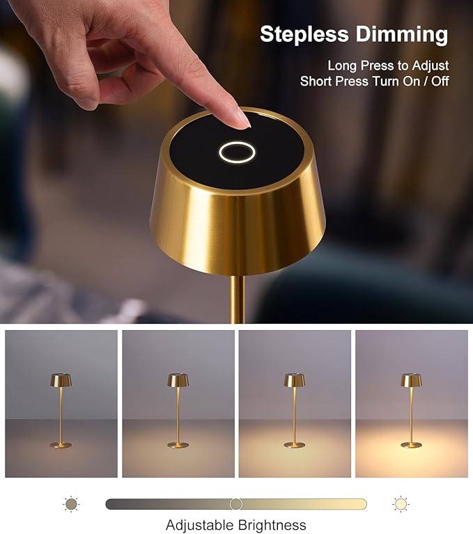DAWALIGHT Cordless Table Lamp 4000mAh Portable Cordless Lamp LED Rechargeable Lamp Stepless Dimming Copper Battery Operated Portable Tempered Glass 2700K Copper Base