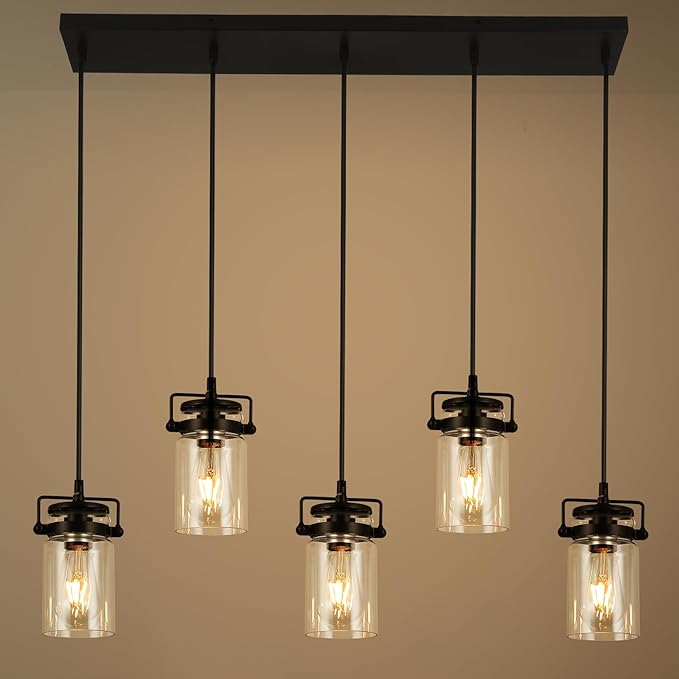 Pendant Lighting for Kitchen Island, Dining Room Light Fixture Black, 5-Light Hanging Linear Chandeliers with Clear Glass Shade Farmhouse Chandeliers for Dining Room(E26 Bulb Base)