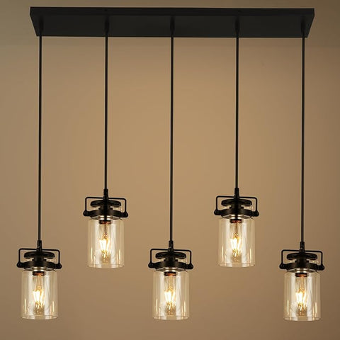 Pendant Lighting for Kitchen Island, Dining Room Light Fixture Black, 5-Light Hanging Linear Chandeliers with Clear Glass Shade Farmhouse Chandeliers for Dining Room(E26 Bulb Base)