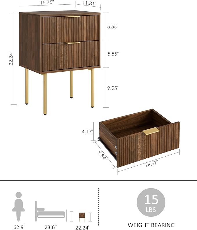 Nightstand,Morden Bedside Table with Gold Frame,Small White Night Stand,End Table,Bedside Furniture,Side Table with Drawer and Shelf for Bedroom,Living Room (2Drawers, Walnut Brown)