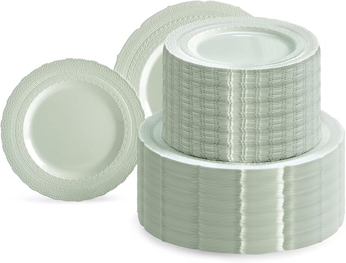 " OCCASIONS " 240 Plates Pack,(120 Guests) Extra Heavyweight Vintage Wedding Disposable/Reusable Plastic Plates 120x11'' Dinner + 120x8.25'' Salad/Dessert Plate (Chateau Mint)
