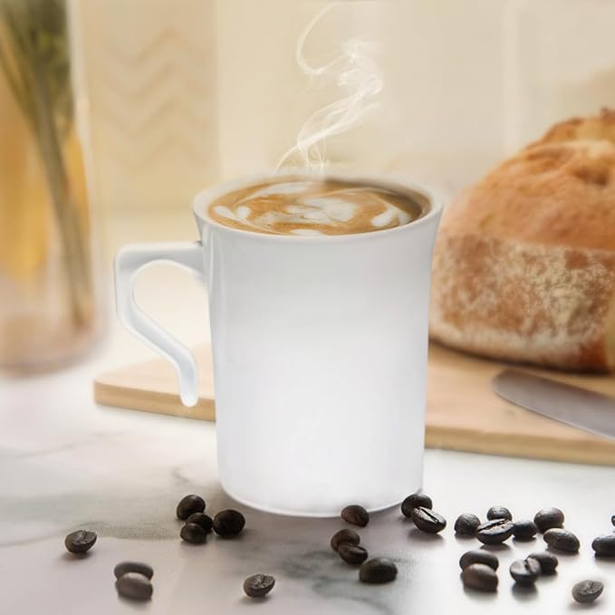 " OCCASIONS " 120 Mugs Pack, Heavyweight Disposable Wedding Party Plastic 8 oz Coffee Mugs/Tea Cups/Cappuccino Cups/Espresso Cup with Handles (8 oz Mugs, Plain White)
