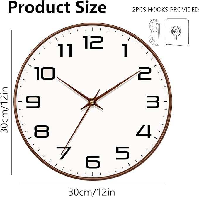 Woodgrain Wall Clocks Battery Operated 12 Inch, Large Easy-to-Read Silent Digital Wall Clock, Non Ticking Modern Vintage Analog Clock for Bedroom Living Room Bathroom Kitchen Office Gym,Brown