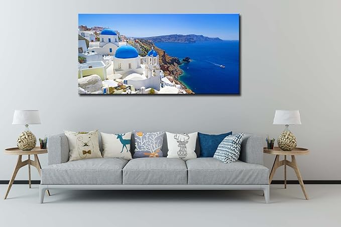 OKEXCKK Large Canvas Print Wall Art Santorini in Greece Painting Wall Decor, Blue Coastal Landscape Artwork Seascape Pictures for Living Room, Bedroom, Office Decoration - 24"x48"