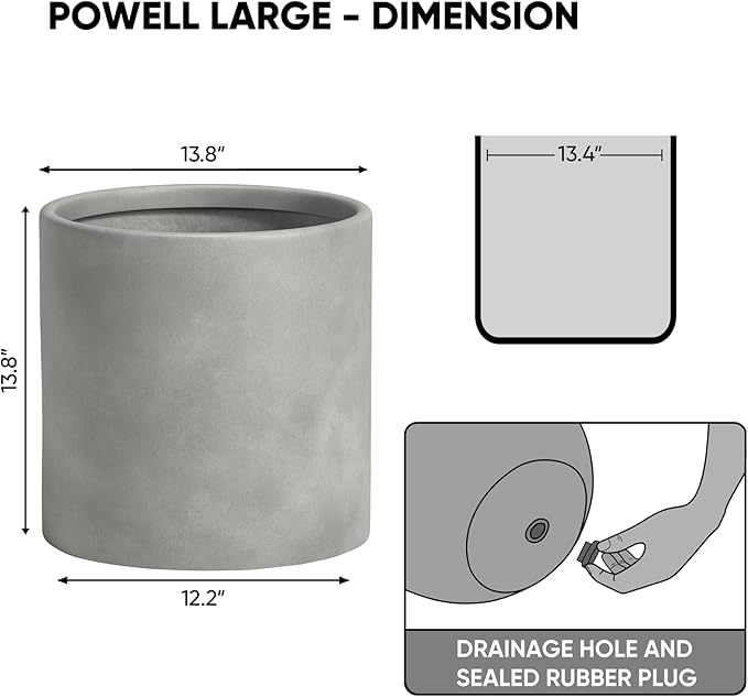 DTY Signature Mount Powell Fiberstone Planter - 14 Inch Large Gray Cylindrical Mid-Century Modern Home Decor Indoor & Outdoor Plant Pot - Durable Planters for Indoor Plants, Outdoor Spaces