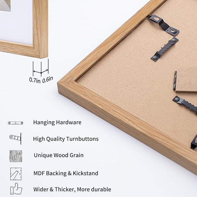 Axeman 8x8 Solid Oak Wood Picture Frame With Mat - 4x4 | Plexiglass & Hanging Hardware Included - Natural, 3 PCs
