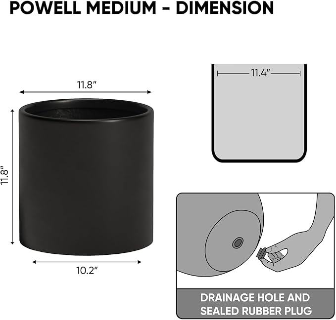 DTY Signature Mount Powell Fiberstone Planter - 12 Inch Medium Black Cylindrical Mid-Century Modern Home Decor Indoor & Outdoor Plant Pot - Durable Planters for Indoor Plants, Outdoor Spaces