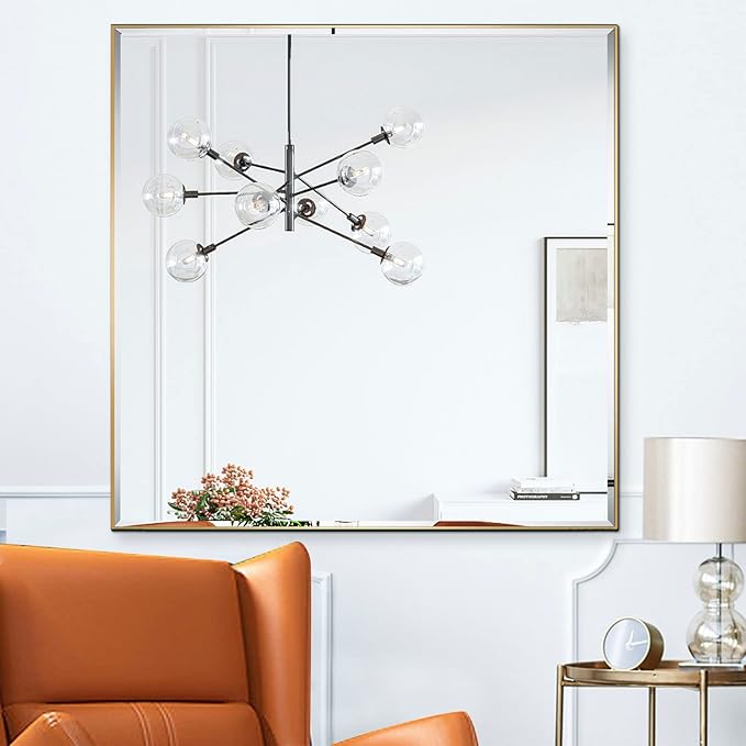 30x30 Inch Gold Mirror with Beveled Trim, Aluminum Frame Bathroom Vanity Mirror, Copper-Free Mirror, Rectangle Wall Mounted Mirror, Modern Rectangular Mirror Horizontal or Vertical