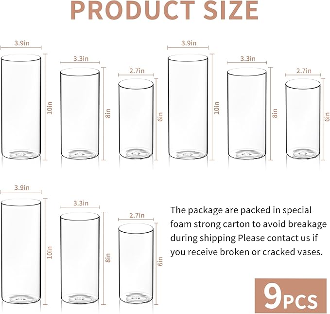 9 Pack Cylinder Vases- for Centerpieces, 6,8,10 Inch Clear Glass Cylinder Candle Holder- for Wedding Centerpirces Decoration Tall Clear Flower Vases, Hurricane Candle Holder for Party Home Decor