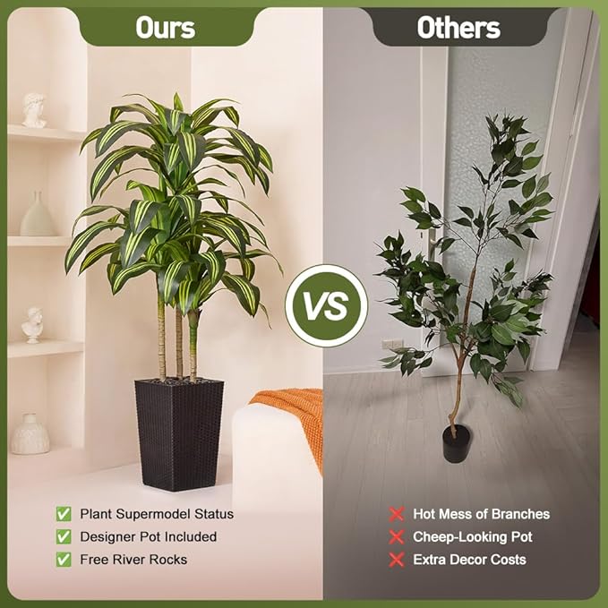 Artificial Dracaena Tree 5FT - UV Resistant Faux Tree with Large Taper Planter & Pebbles - Tall Fake Plants Indoor & Outdoor, Potted Floor Plant for Home Living Room Porch Decor, VN127