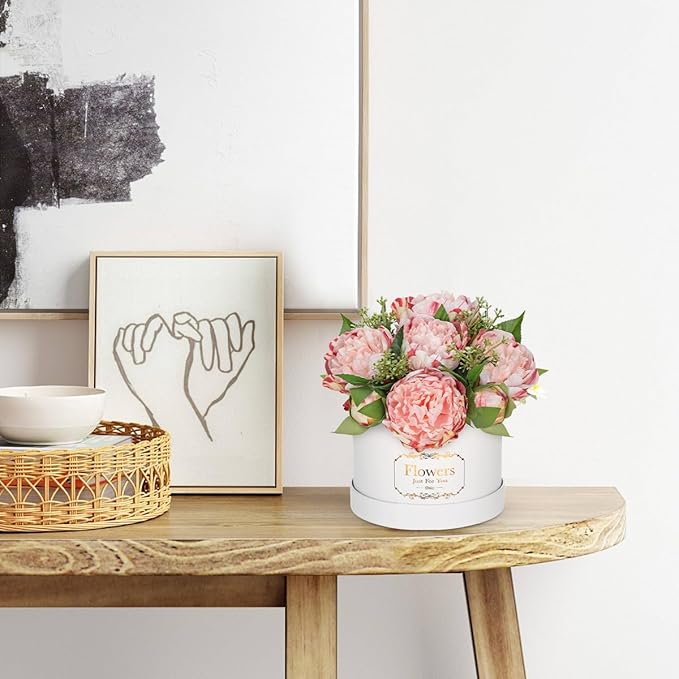 Hollyone Pink Peonies Artificial Flowers in Vase Round Gift Boxes with Fake Flowers Arrangements Faux Flowers Floral in Box Vase for Her Mothers' Day Valentine's Day Christmas Birthday Graduation Gift