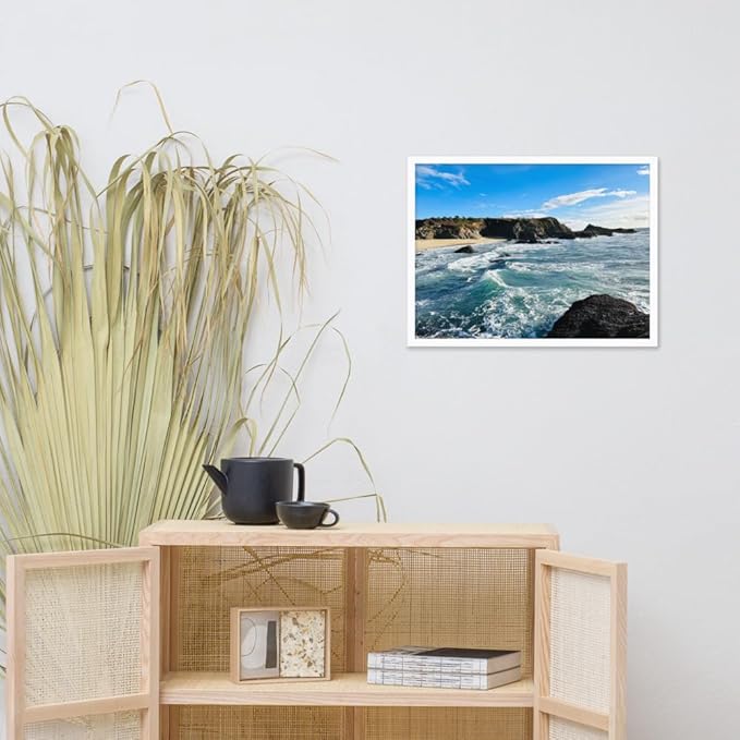 Bodega Bay Coastal Wall Art – Framed Ocean Photography Print – California Nature Landscape Poster – Seascape Decor for Living Room or Bedroom - (18x24 inches)- Wooden Framed (White)