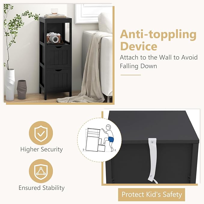 Tangkula Small Bathroom Storage Cabinet with 2 Removable Drawers, Wood Freestanding Floor Cabinet for Bathroom, Anti-Tipping Device, Side Corner Cabinet for Small Spaces (Black)