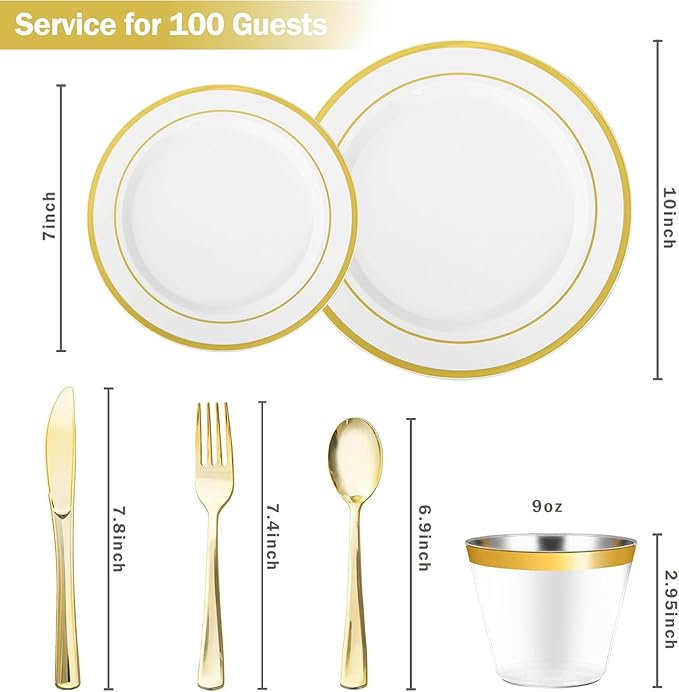 N9R 600PCS Disposable Plastic Plates, Gold Plastic Dinnerware Set Includes 100 Dinner Plates, Dessert Plate, Cups, Spoons, Forks, Knives for 100 Guests, Perfect for Party, Wedding, Birthday