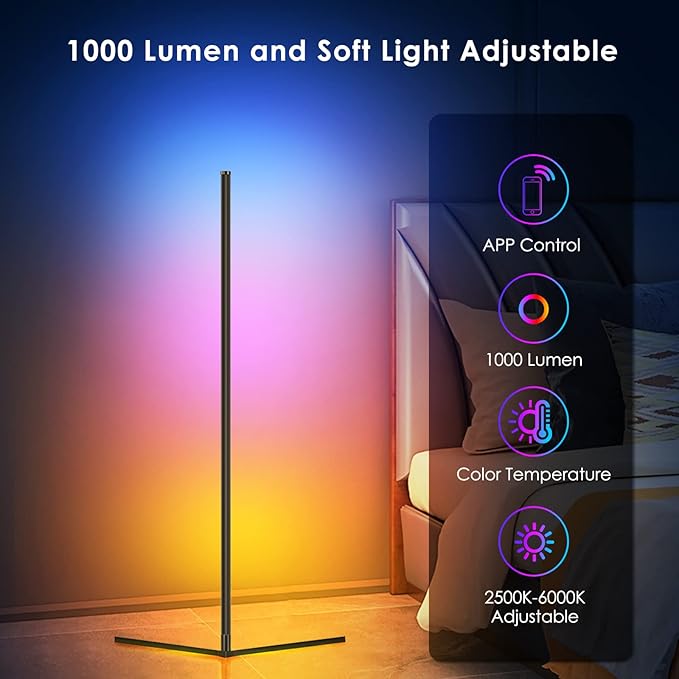 2PCS RGB Floor Lamp, Corner Floor Lamp RGB Color Changing Corner Lamp LED Modern Floor Lights with Bluetooth APP and Remote Control Music Sync, 65" RGB Mood Lighting 24H Timing 398+ DIY Modes