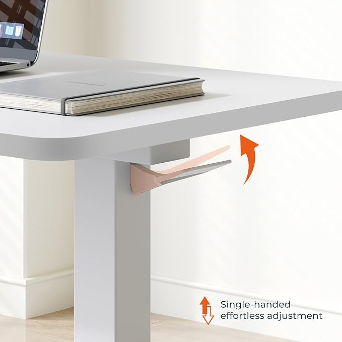 Medical Overbed Adjustable Bedside Table with Hidden Casters, Mobile Pneumatic Rolling Laptop Standing Desk with Tray for Home & Hospital Use, White Table Top + White Edging