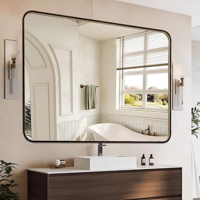 Gold 40x32 Inch Metal Framed Mirror for Wall, Large Rounded Rectangle Mirror, Anti-Rust, Tempered Glass, Hangs Horizontally or Vertically