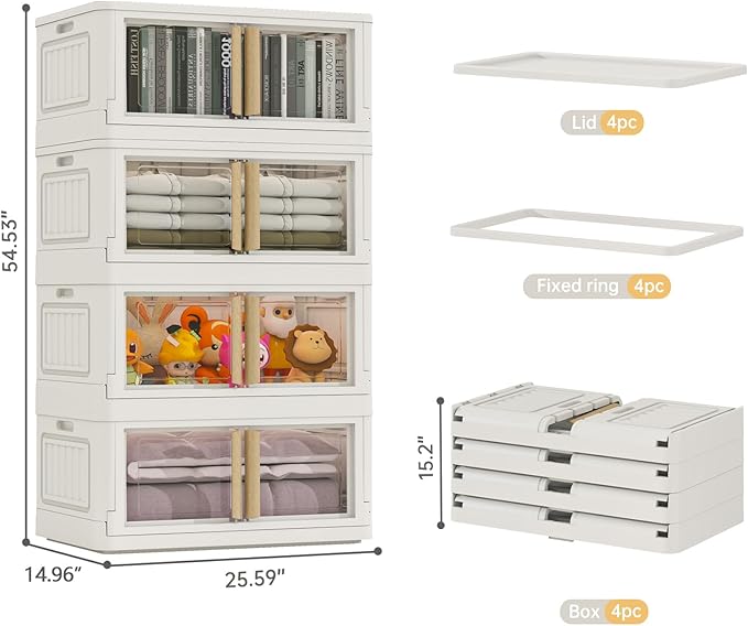 KHNR Storage Bins with Lids,78 Quart Plastic White Closet Organizers and Storage,4 Packs Stackable Bins with Wheels,Dual Open Collapsible Storage Bins for Home and Office