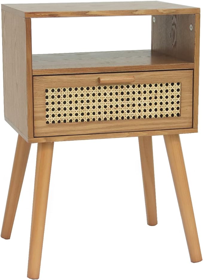 MaxSmeo Mid Century Modern Nightstand with Drawer, Small Nightstand Bedside Table, Rattan Nightstand, Wood End Table for Bedroom, Living Room (Brown)