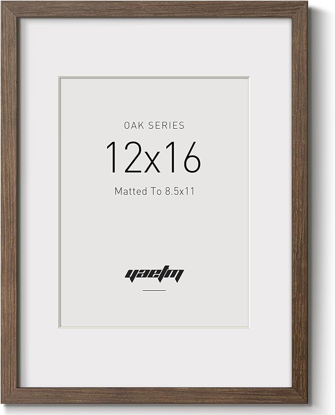 Yaetm 12x16 Picture Frame with Mat for 8.5x11 - Brown Walnut, Solid Wood Photo Frame 12 x 16 for Art Print & Poster, Lightweight, Horizontal and Vertical Wall Mount (Single, Walnut)
