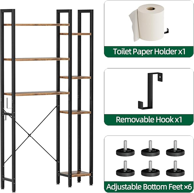 OTK Over The Toilet Storage with 7-Tier Bathroom Organizer Shelf, Freestanding Space Saver with Hooks & Adjustable Feet, Storage Rack for Bathroom, Restroom, Laundry, Vintage