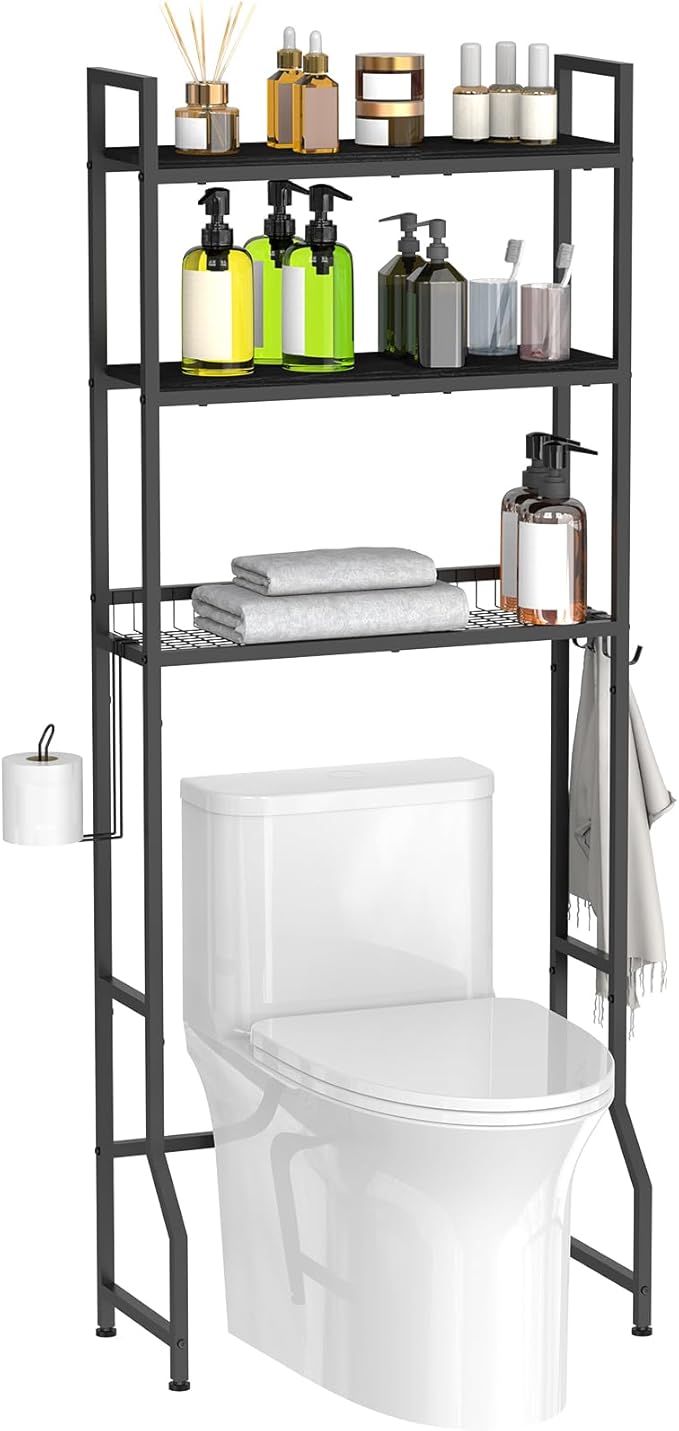 Over The Toilet Storage 3 Tier Over Toilet Bathroom Organizer Wooden Bathroom Space Saver Freestanding Above Toilet Stand with 4 Hooks Black Over The Toilet Rack for Restroom, Laundry
