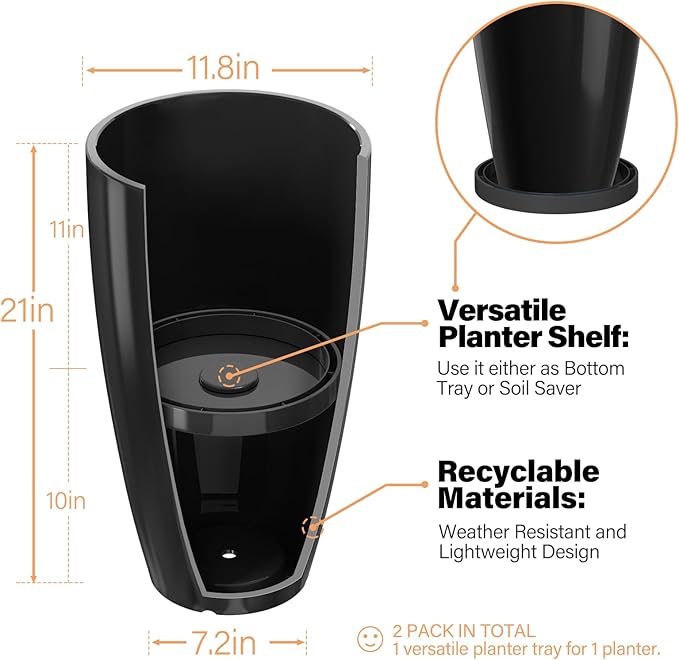 ZMTECH 21 Inch Tall Plant Pots for Indoor & Outdoor Use Set of 2, Large Plastic Planters with Removable Tray for Outside with Drainage Holes for Front Porch Patio Garden, Glossy Black