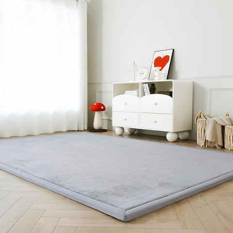 Loartee Faux Rabbit Fur Rug - 1.18" Thick Soft Fluffy Area Rug, Non-Slip Memory Foam Crawling Mat, Light Gray, 59"x78"