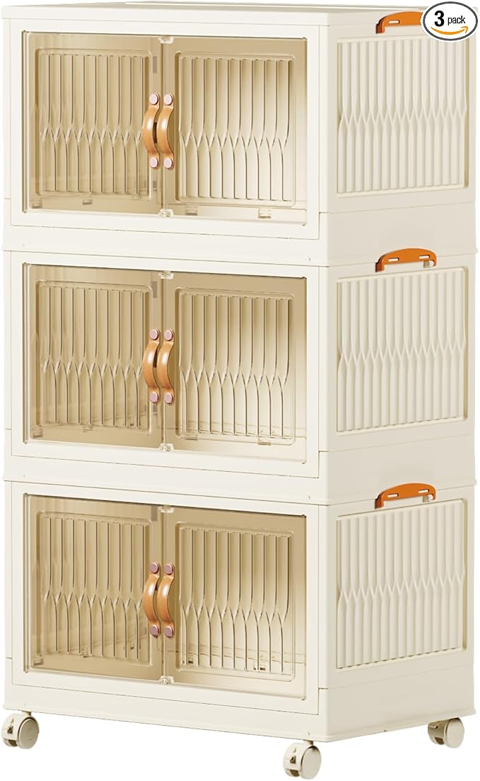 Stackable Storage Bins 104 Qt, Folding Storage Box with Lids and Doors, Open Front Folding Storage Bins with Wheels Large Plastic Storage Container Closet Organizers (3 Tier)