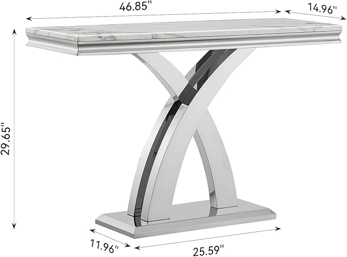 Marble Console Entryway Table, 47 inch Faux Marble Narrow Long Sofa Table, Modern White Tall Accent Table for Living Room, Entrance Table with Silver Geometric Stainless Steel Frame