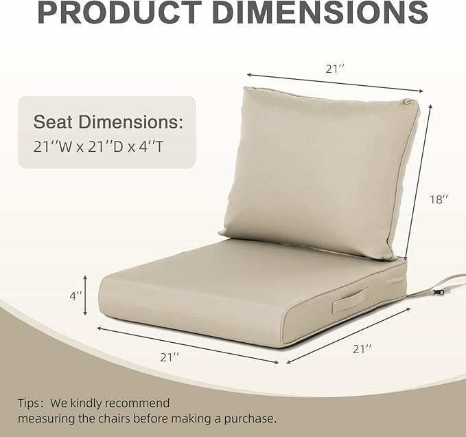 BPS 21x21 Inch Deep Seat Outdoor Cushions Set of 2, Khaki Fade-Resistant and Water-Resistant Patio Chair Cushions for Wicker Chairs, Sofas, Love Seats