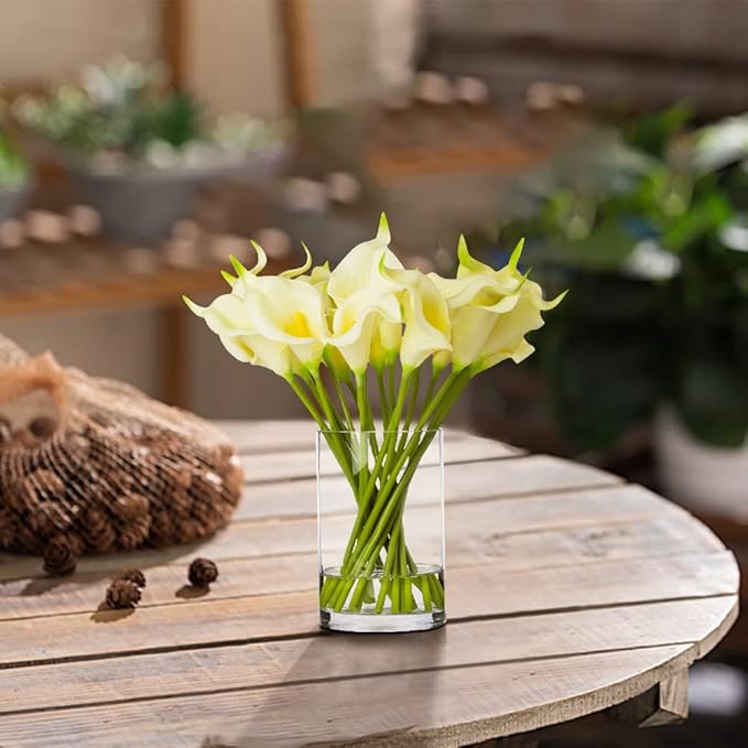 ENOVA FLORAL 20 Pieces Real Touch Calla Lilies Artificial Flowers with Vase, Faux Flowers Arrangement in Glass Vase with Faux Water for Tabletop Decor (Ivory)