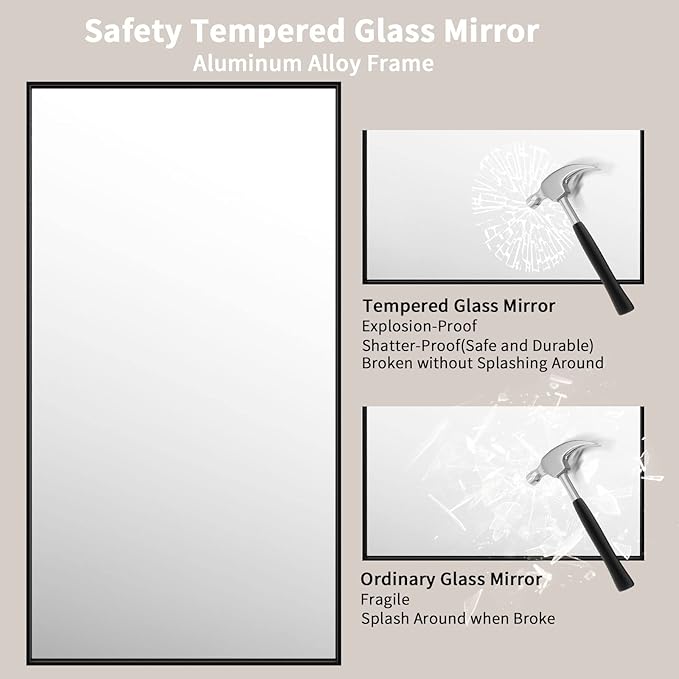 LOAAO 55"X30" Black Rectangle Bathroom Mirror Wall, Matte Black Aluminum Alloy Frame, Tempered Glass, Hangs Vertically or Horizontally, Easy to Install