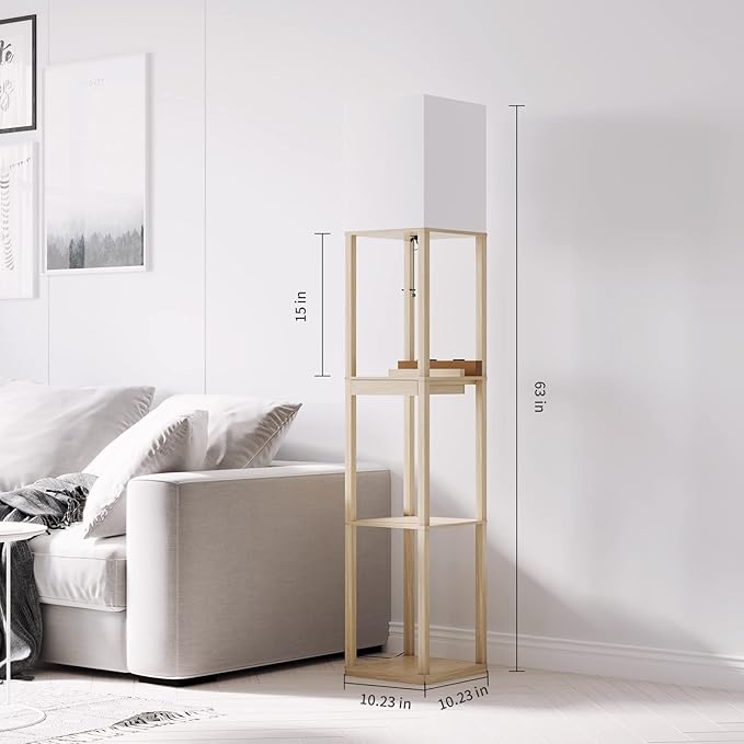 SUNMORY Floor Lamp with Shelves,Modern Dimmable Wood Standing Lamp with 1 Drawer and 2 USB Ports & 2 Power Outlet,Corner Tall Bookshelf Lamp for Living Room and Bedroom(Wood Color)