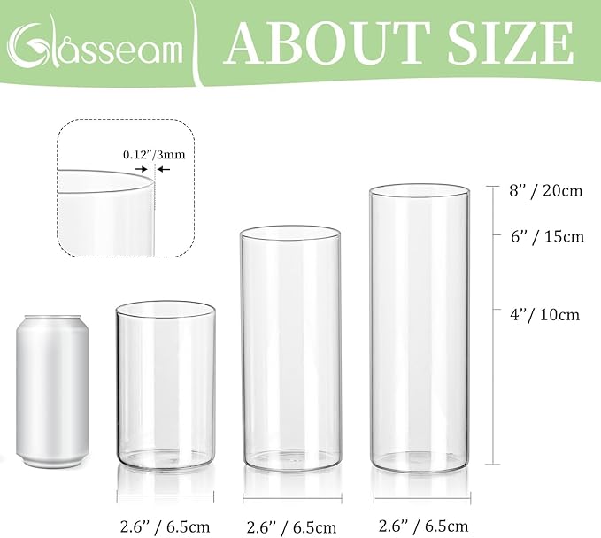 Glasseam Clear Glass Cylinder Vase, Set of 6 Glass Vases for Centerpieces, Modern Floating Candle Vases for Flowers, Hurricane Vase Decor Candle Holders for Pillar Candles Wedding Decorations, 2.6in